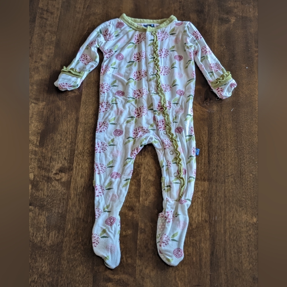 Kickee Pants  Bamboo Pink Floral Footed One-Piece with Green Trim/ 3-6 Months